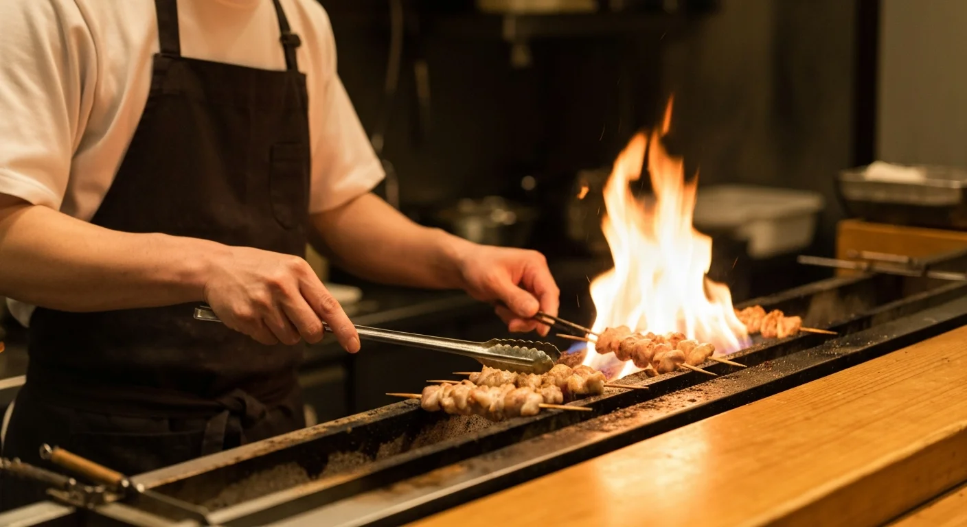 炭火の焼き台で串に刺した鶏肉を焼く調理人の手元